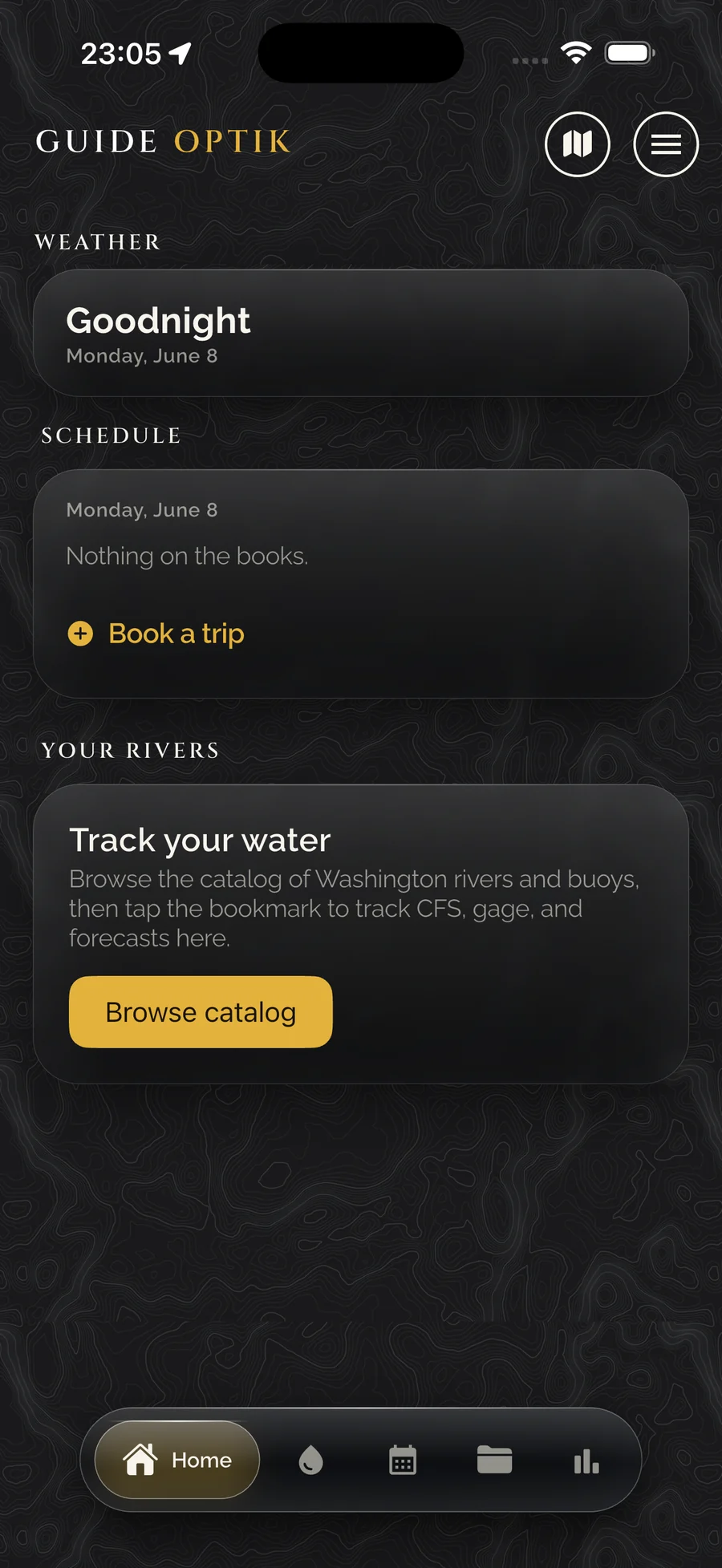Guide Optik home screen with weather, schedule and tracked rivers